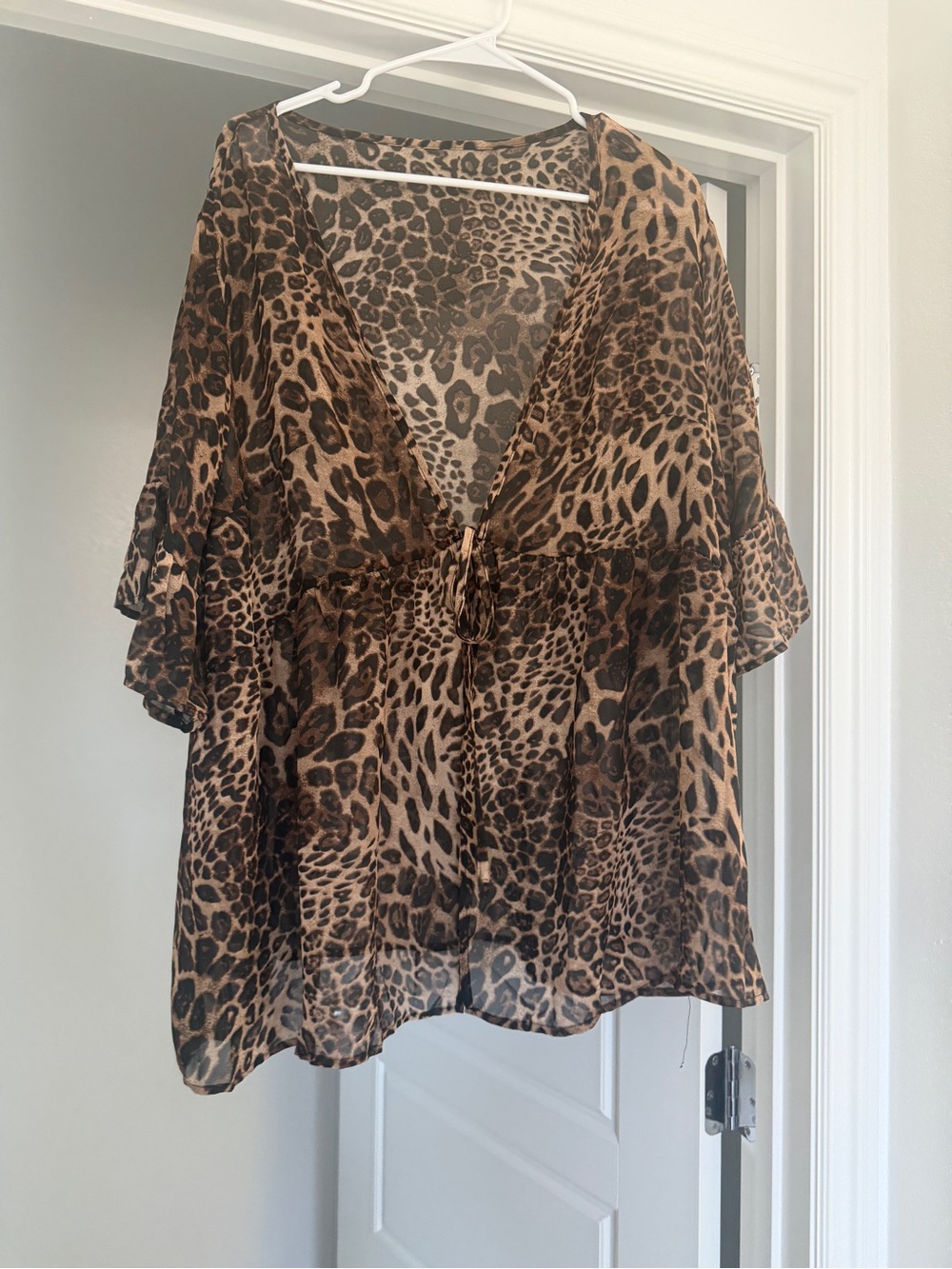 Leopard Print Sheer kimono or bathing suit cover 3x with tie front